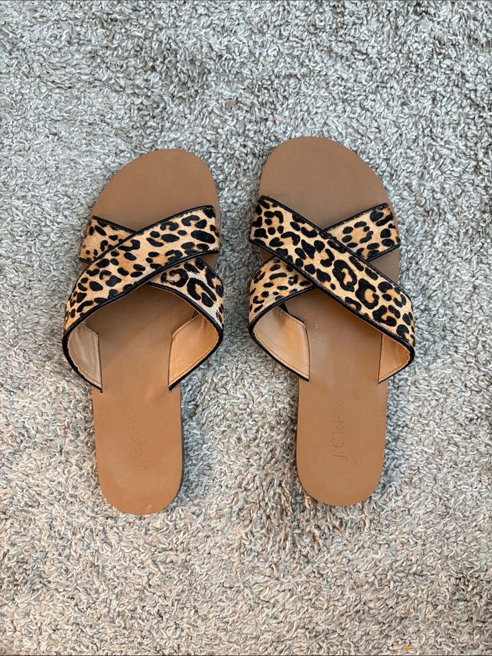 J. Crew Leopard Crisscross Slide Sandals in Tan and Black